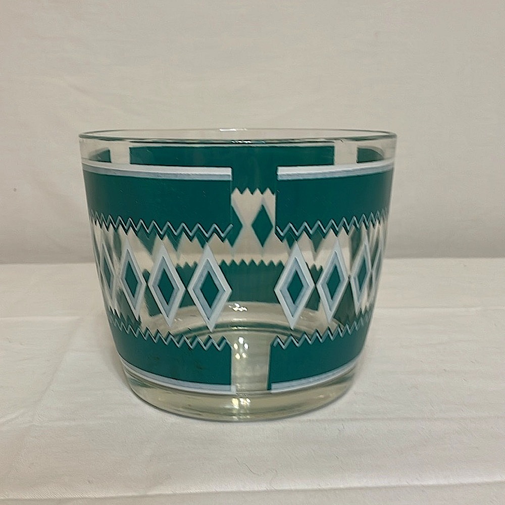 Vintage MCM HAZEL ATLAS Teal and White Patterned Glass Ice Bucket